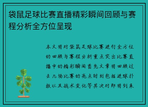 袋鼠足球比赛直播精彩瞬间回顾与赛程分析全方位呈现